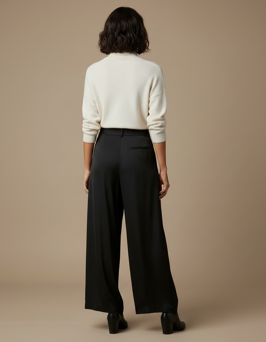 Pantalon Chinois Noir Ample Satiné Élégant Boucle Dorée - vue 2