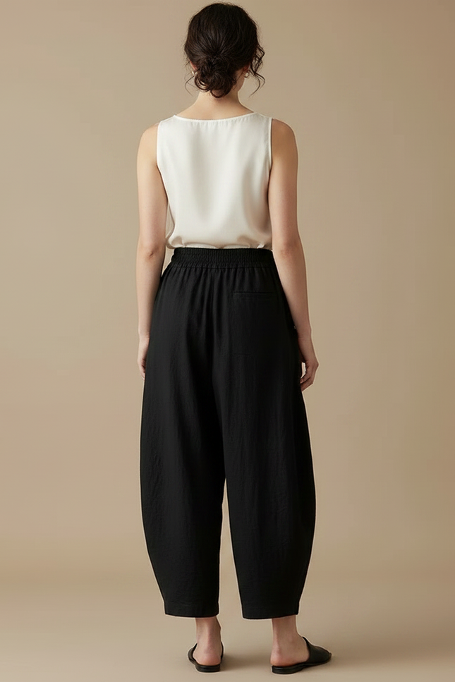 Pantalon Chinois Noir Ample Coton Fluide Décontracté - Lin - vue 2