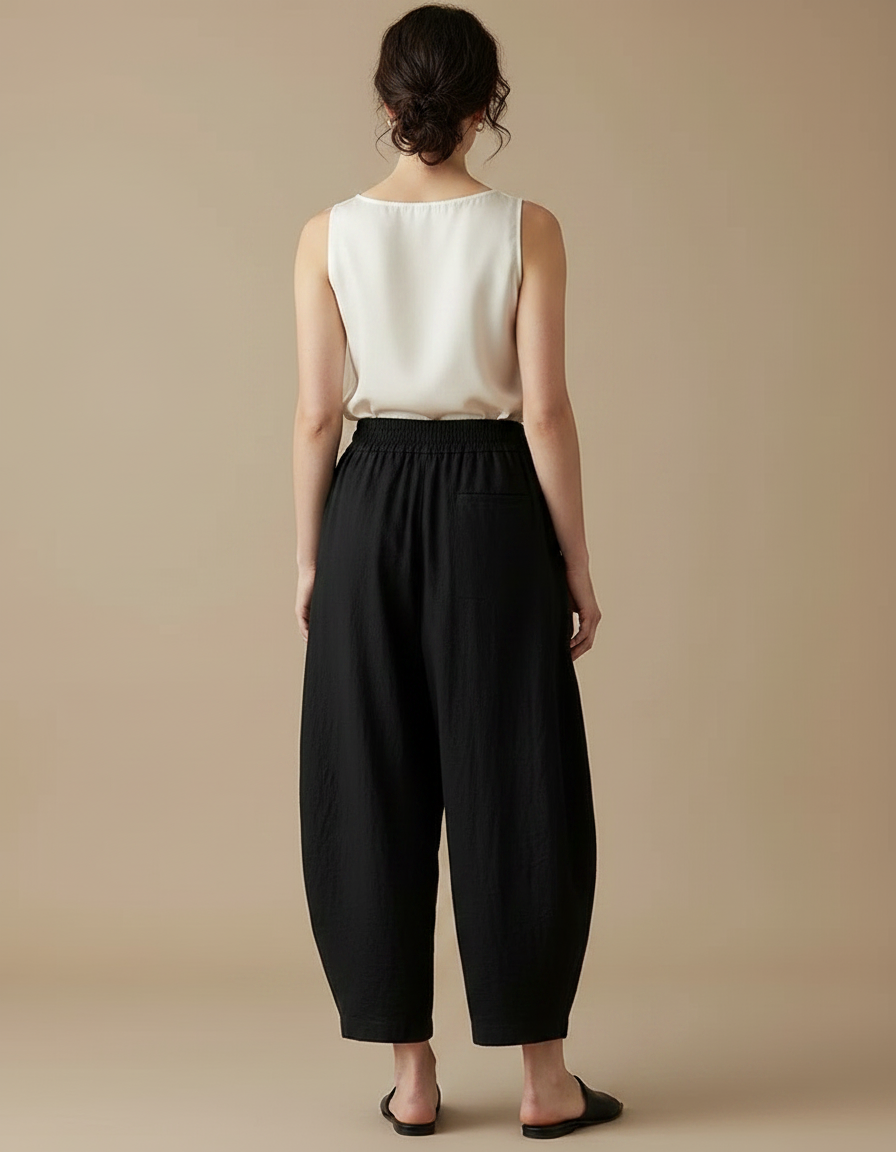Pantalon Chinois Noir Ample Coton Fluide Décontracté - Lin - vue 2