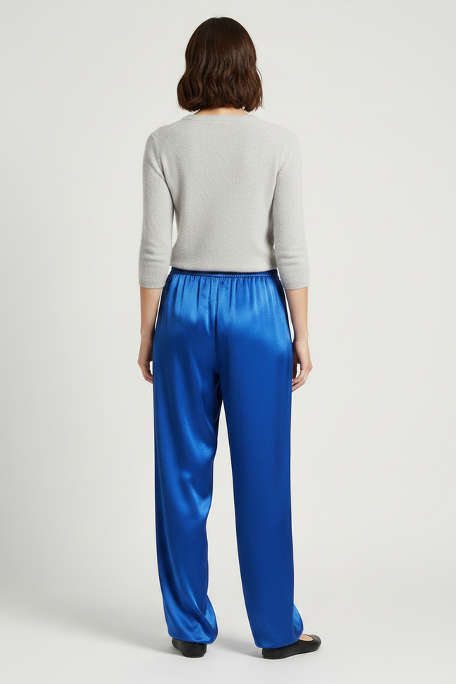 Pantalon Chinois Bleu Satin Fluide Ample Élégant - vue 2
