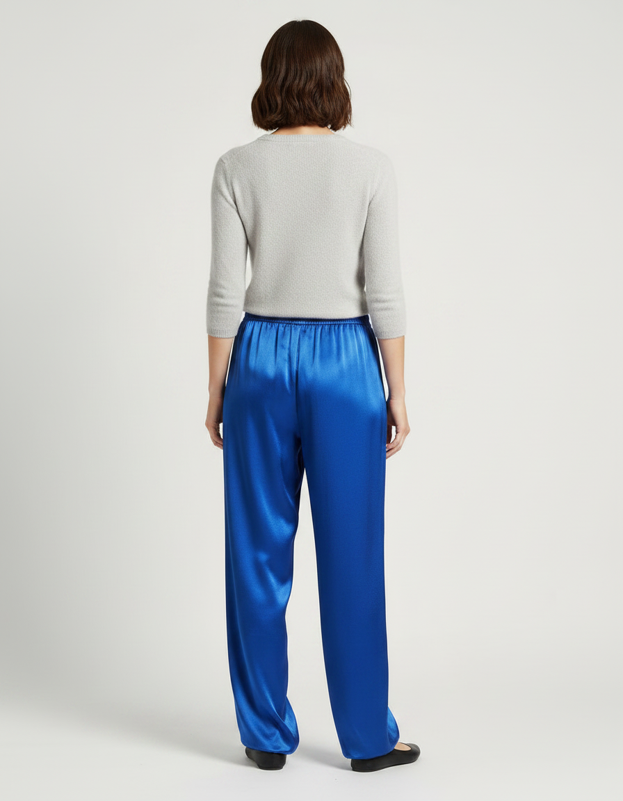 Pantalon Chinois Bleu Satin Fluide Ample Élégant - vue 2