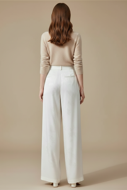 Pantalon Chinois Satin Jacquard Blanc Ample Élégant - vue 2