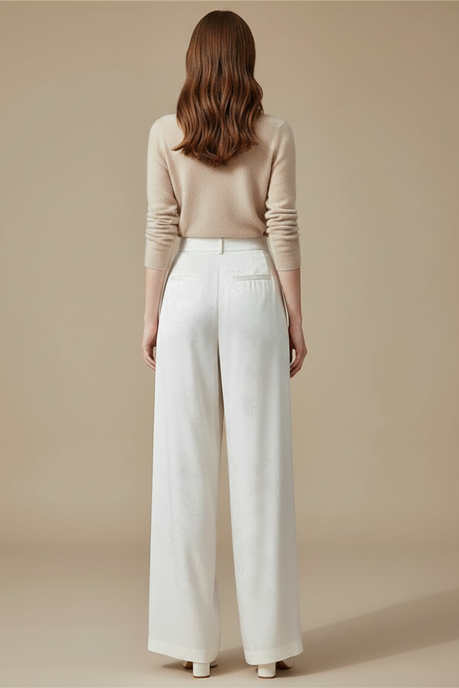 Pantalon Chinois Satin Jacquard Blanc Ample Élégant - vue 2