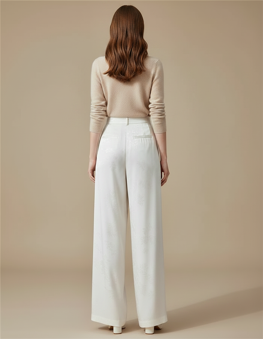 Pantalon Chinois Satin Jacquard Blanc Ample Élégant - vue 2