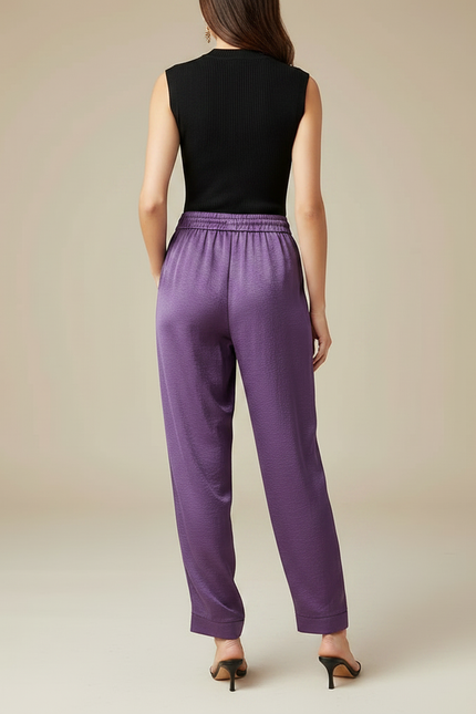 Pantalon Chinois Satin Violet Fluide Ample Femme - vue 2