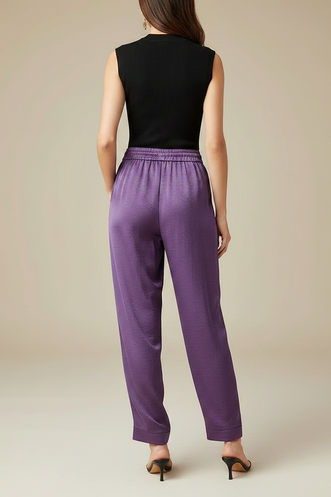 Pantalon Chinois Satin Violet Fluide Ample Femme - vue 2