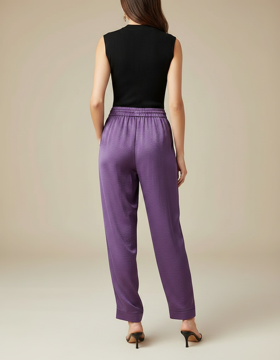 Pantalon Chinois Satin Violet Fluide Ample Femme - vue 2