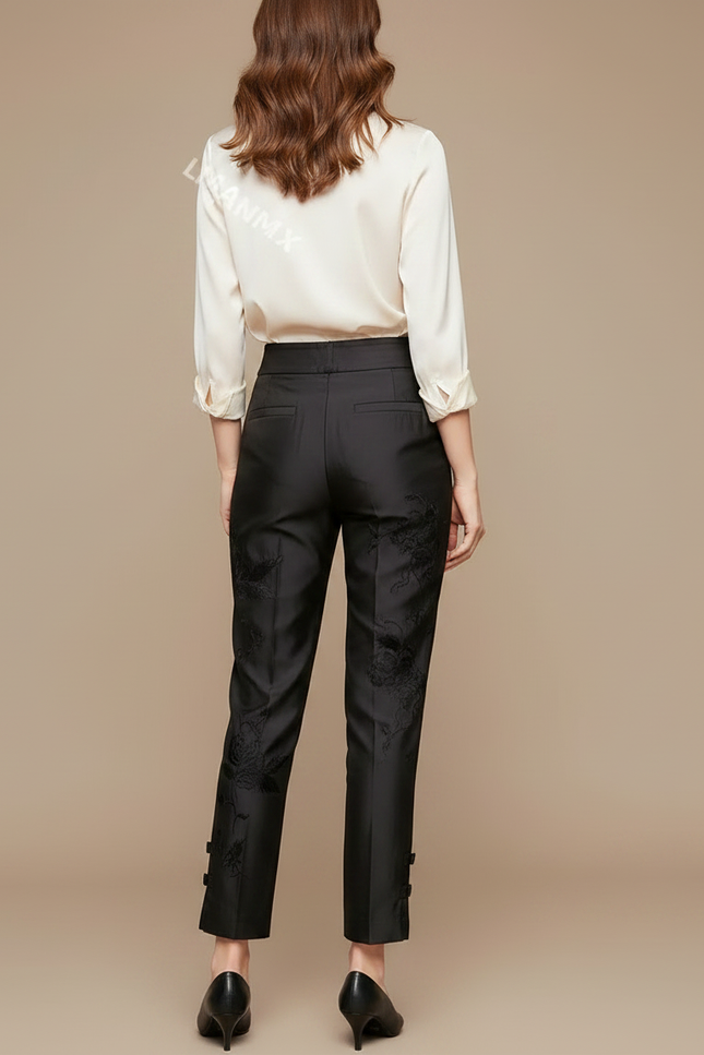 Pantalon Chinois Noir Brodé Floral Slim Élégant Femme - Satin - vue 2