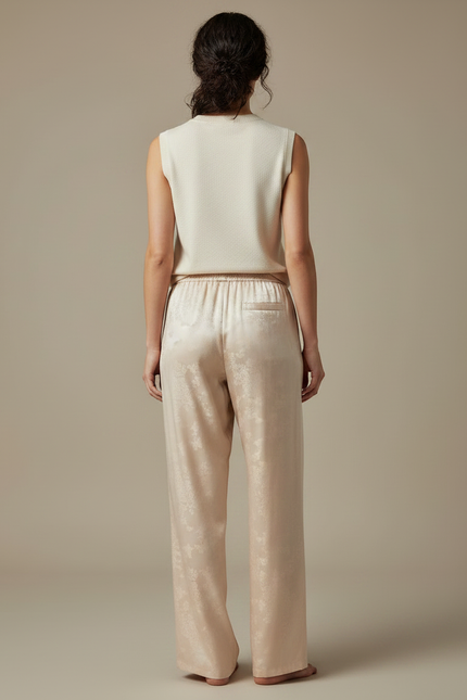 Pantalon Chinois Satin Beige Jacquard Ample Fluide Femme - vue 2