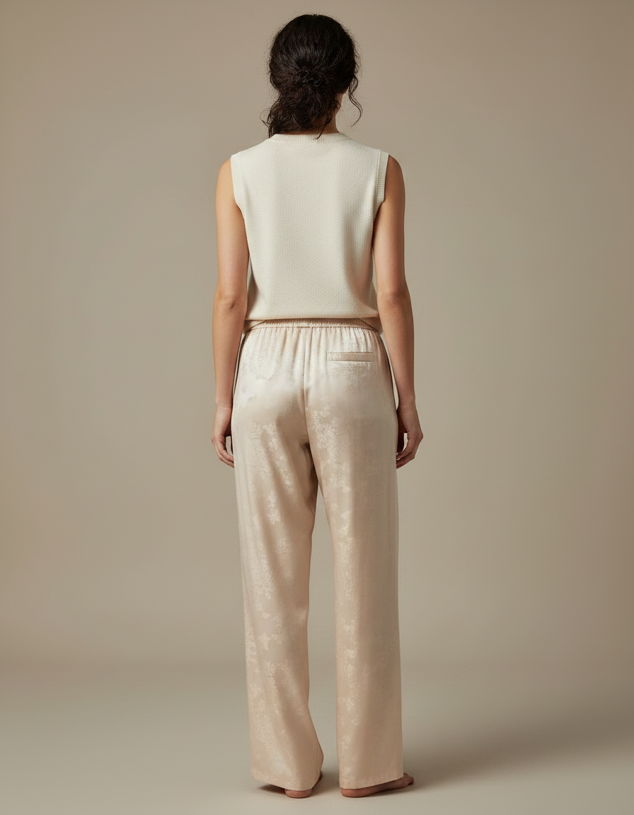 Pantalon Chinois Satin Beige Jacquard Ample Fluide Femme - vue 2