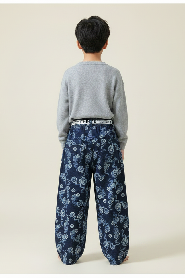 Pantalon Chinois Denim Ample Nuages Imprimés Ceinture Garçon - Jean - vue 2