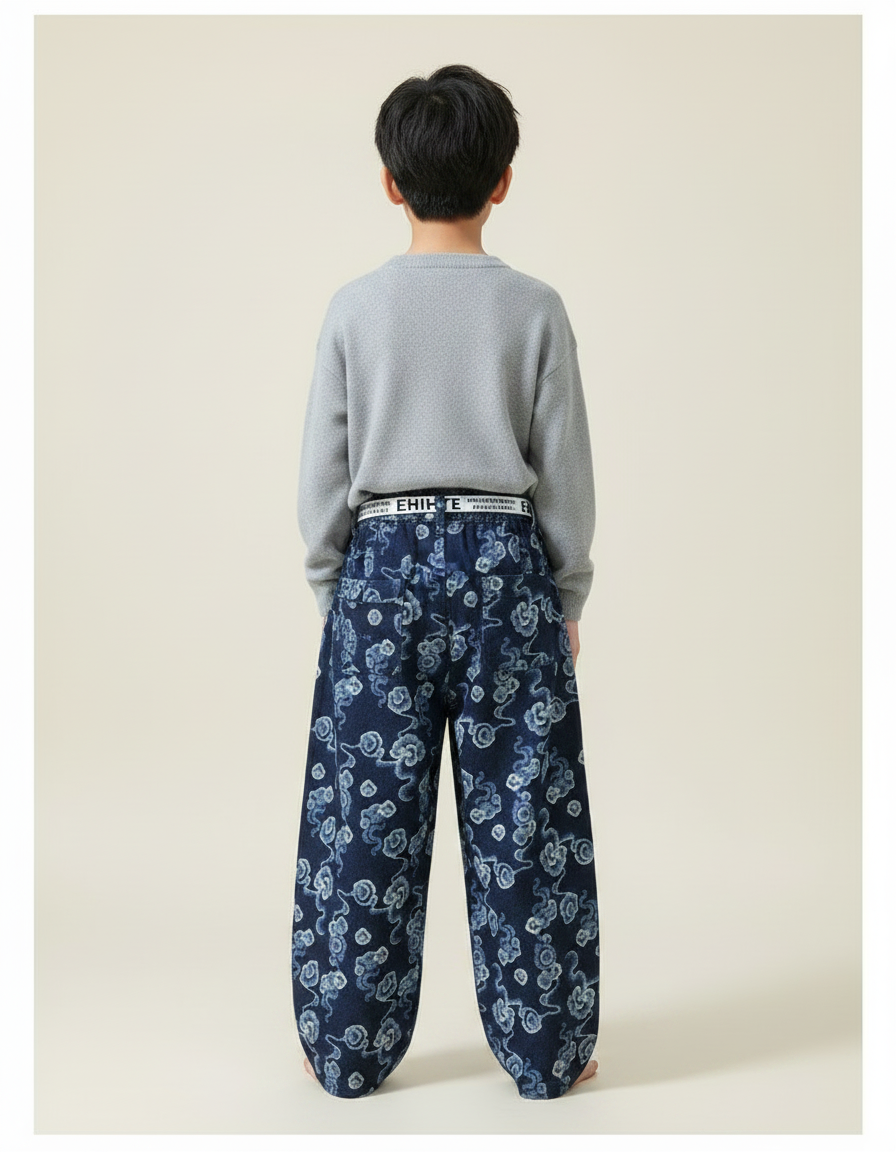 Pantalon Chinois Denim Ample Nuages Imprimés Ceinture Garçon - Jean - vue 2