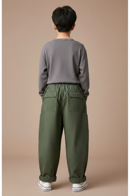 Pantalon Chinois Vert Armée Coton Ample Décontracté Garçon - Kaki - vue 2