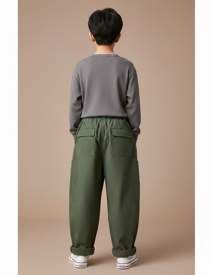 Pantalon Chinois Vert Armée Coton Ample Décontracté Garçon - Kaki - vue 2
