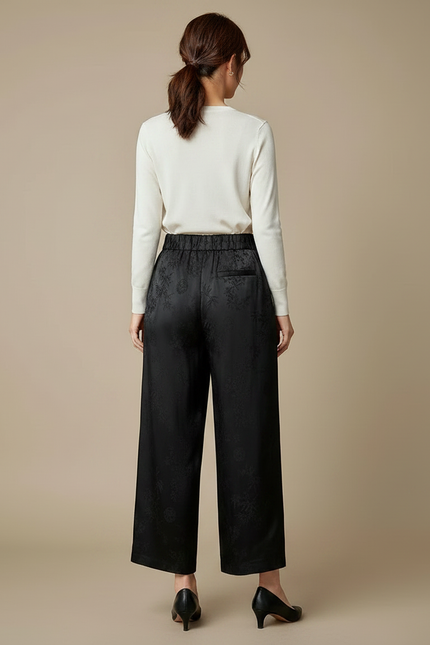 Pantalon Chinois Noir Satin Brodé Ample Fluide Élégant - vue 2