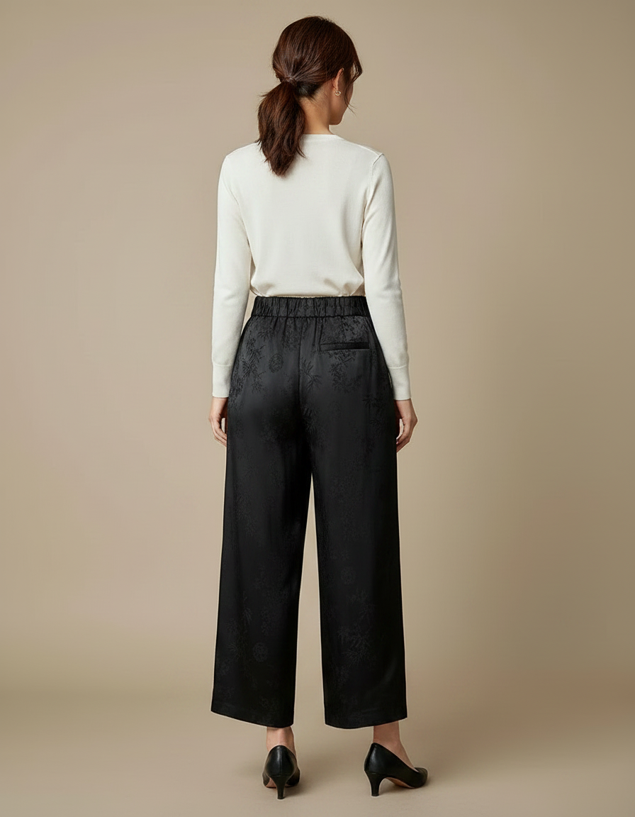 Pantalon Chinois Noir Satin Brodé Ample Fluide Élégant - vue 2