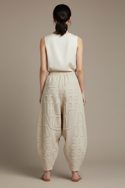 Pantalon Chinois Beige Lin Ample Texturé Géométrique - vue 2