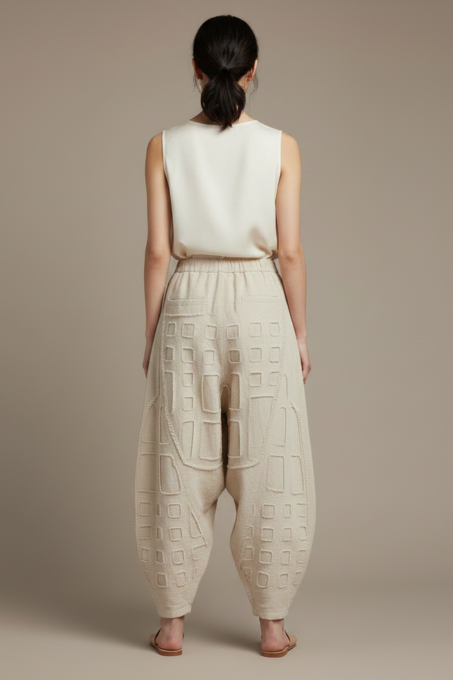 Pantalon Chinois Beige Lin Ample Texturé Géométrique - vue 2