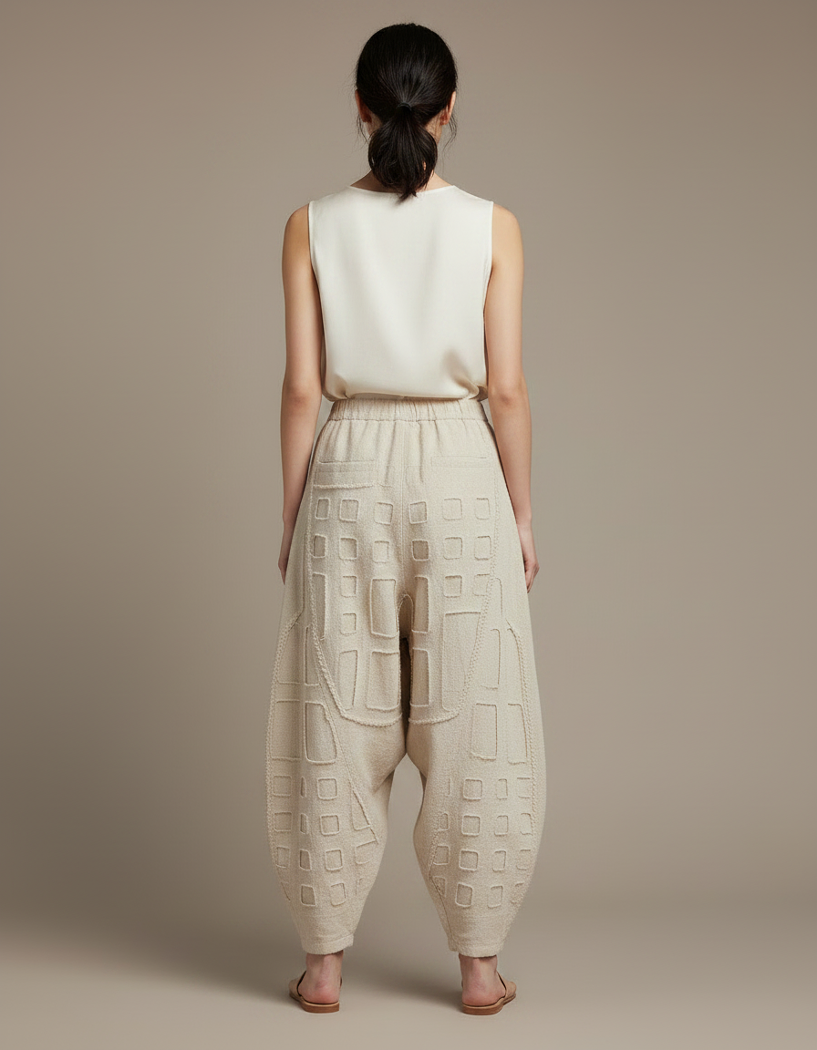Pantalon Chinois Beige Lin Ample Texturé Géométrique - vue 2