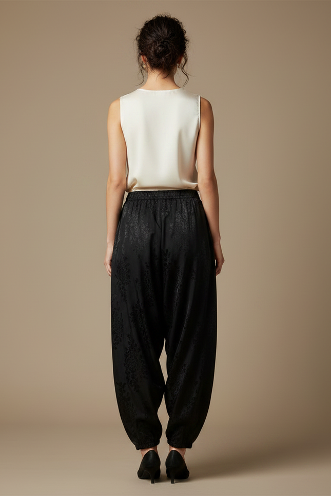 Pantalon Chinois Noir Brodé Dragon Ample Satin Femme - vue 2