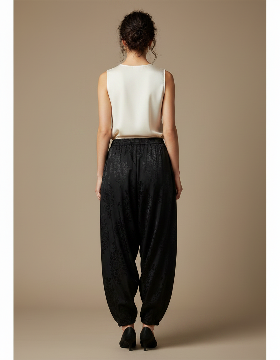 Pantalon Chinois Noir Brodé Dragon Ample Satin Femme - vue 2