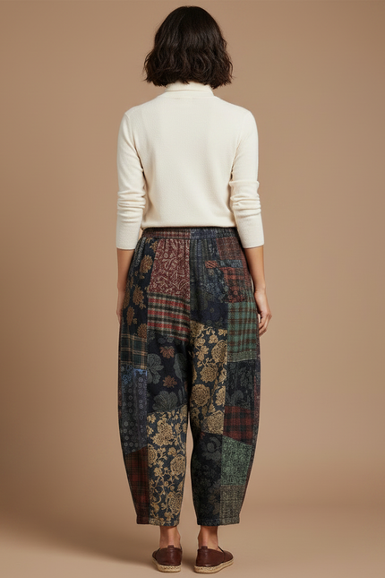 Pantalon Chinois Patchwork Ample Imprimé Floral Épais Femme - Multicolore Tweed - vue 2
