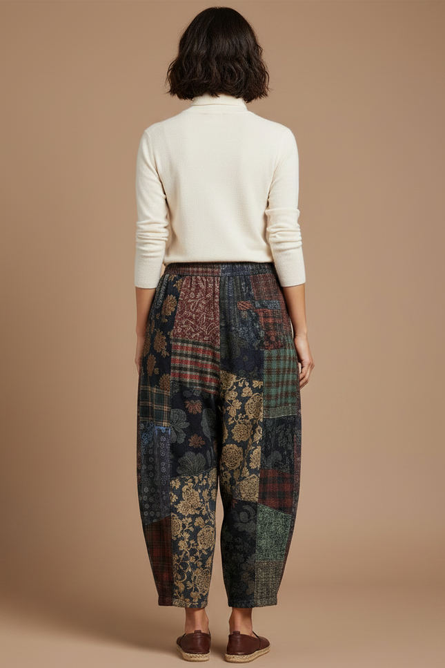 Pantalon Chinois Patchwork Ample Imprimé Floral Épais Femme - Multicolore Tweed - vue 2