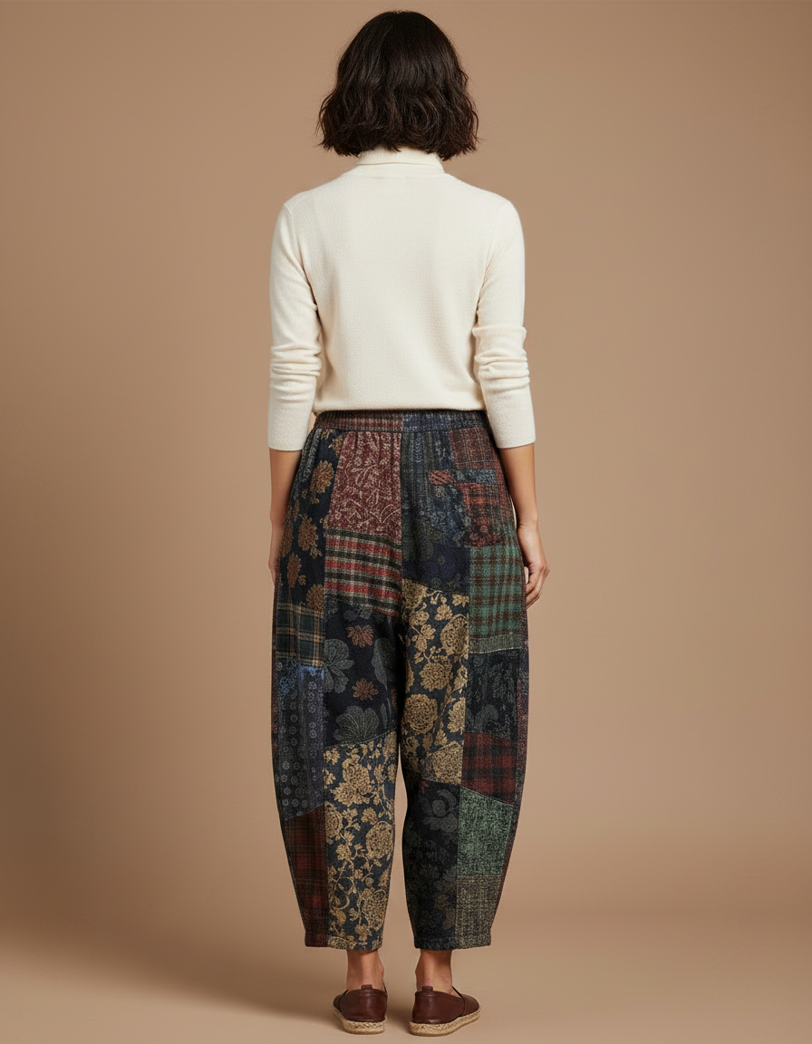 Pantalon Chinois Patchwork Ample Imprimé Floral Épais Femme - Multicolore Tweed - vue 2