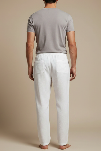 Pantalon Chinois Blanc Lin Ample Décontracté Cordon - vue 2