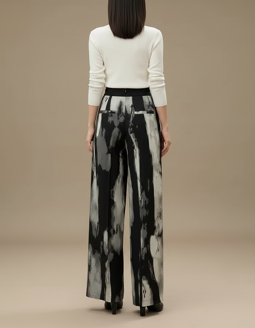 Pantalon Chinois Imprimé Encre Fluide Ample Élégant Femme - Polyester - vue 2