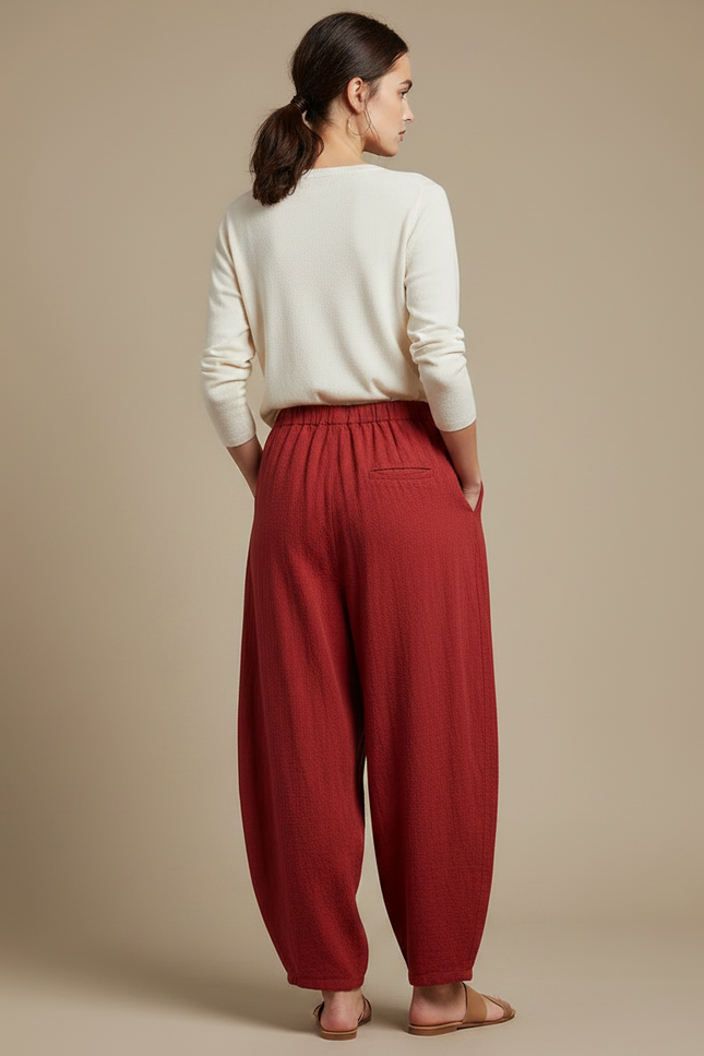 Pantalon Chinois Rouge Plissé Ample Coton Lin Vintage - vue 2