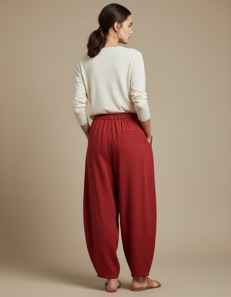 Pantalon Chinois Rouge Plissé Ample Coton Lin Vintage - vue 2