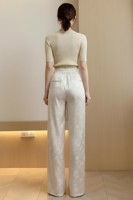 Pantalon Chinois Satin Jacquard Ample Écru Élégant - Beige - vue 2