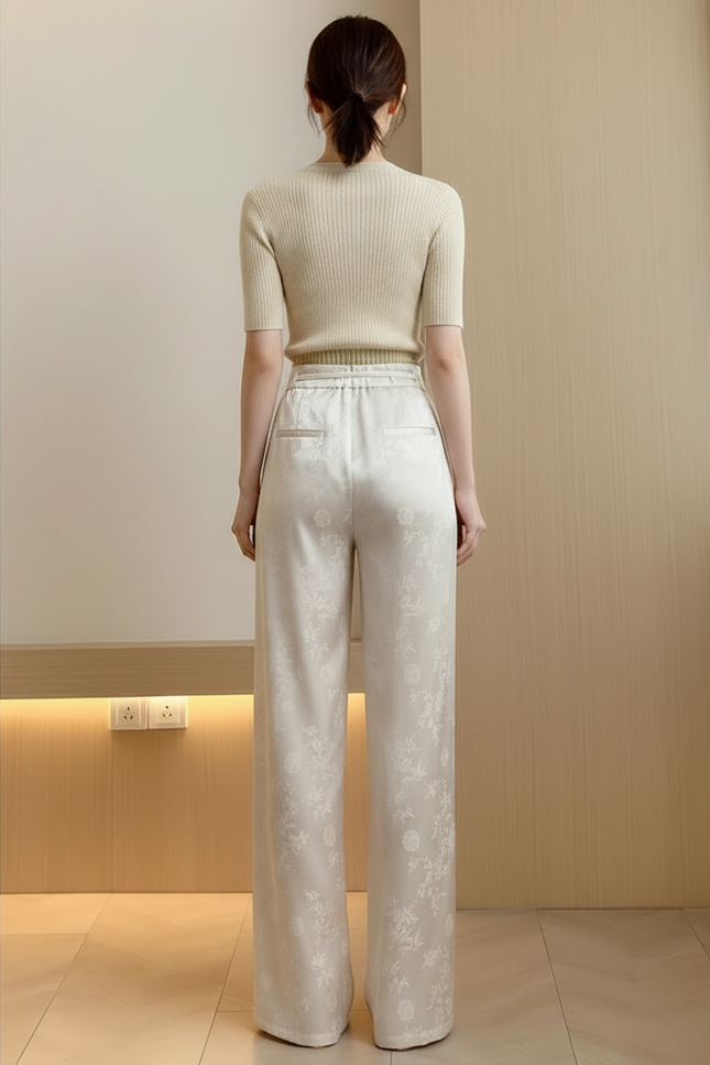 Pantalon Chinois Satin Jacquard Ample Écru Élégant - Beige - vue 2