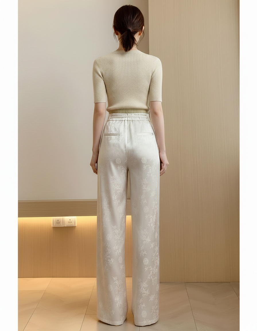 Pantalon Chinois Satin Jacquard Ample Écru Élégant - Beige - vue 2