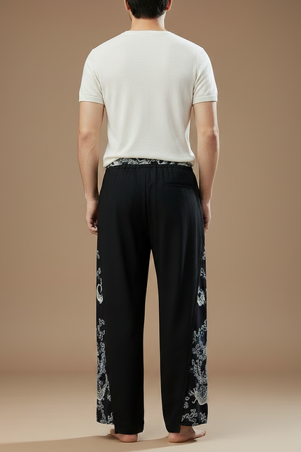 Pantalon Chinois Noir Dragon Ample Fluide Coton Lin - vue 2