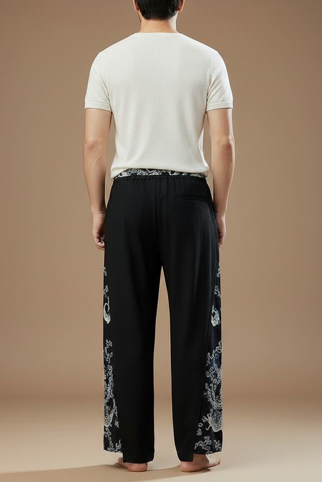Pantalon Chinois Noir Dragon Ample Fluide Coton Lin - vue 2