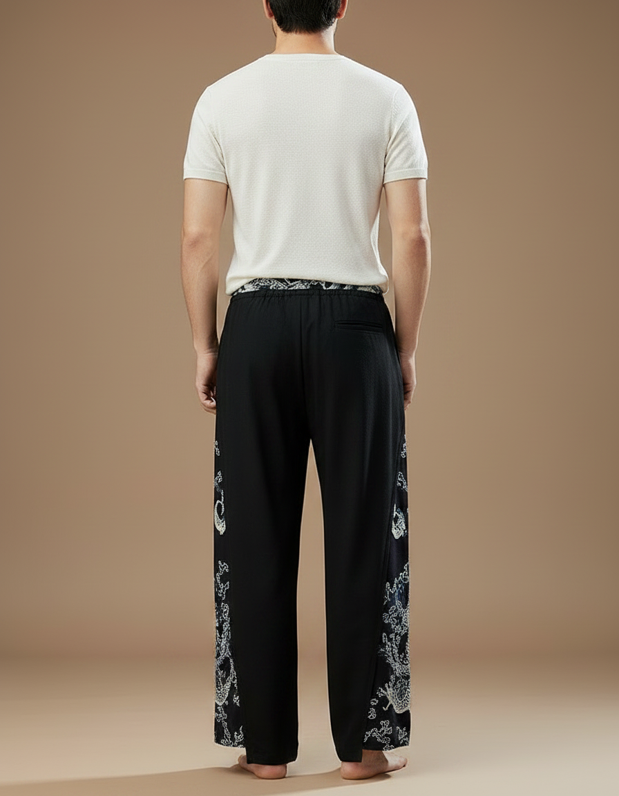 Pantalon Chinois Noir Dragon Ample Fluide Coton Lin - vue 2