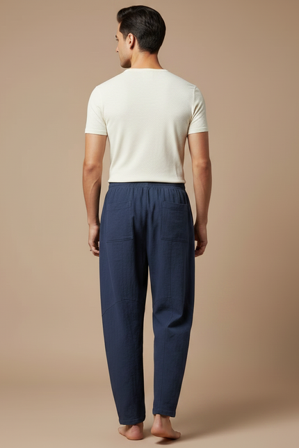 Pantalon Chinois Lin Bleu Marine Ample Décontracté Homme - vue 2