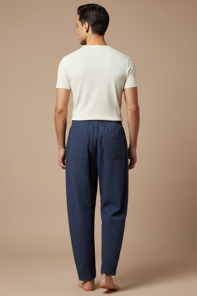 Pantalon Chinois Lin Bleu Marine Ample Décontracté Homme - vue 2