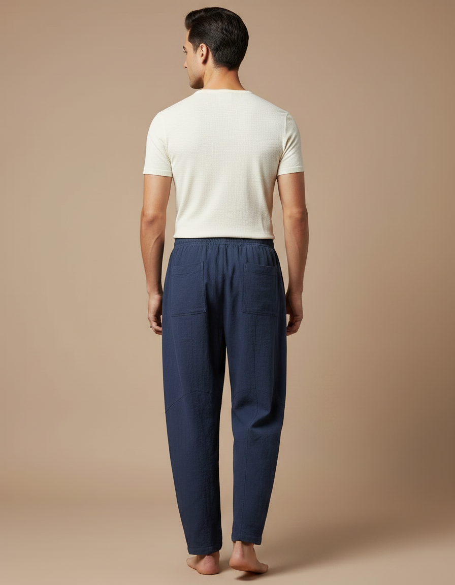 Pantalon Chinois Lin Bleu Marine Ample Décontracté Homme - vue 2