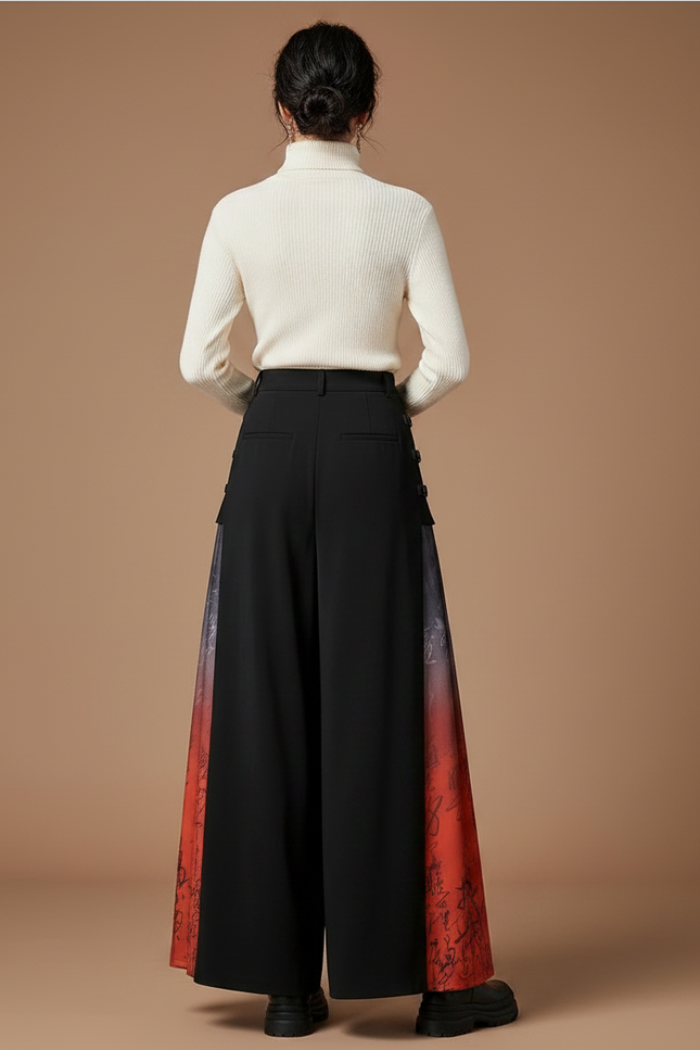 Pantalon Chinois Noir Ample Imprimé Fluide Femme - Polyester - vue 2