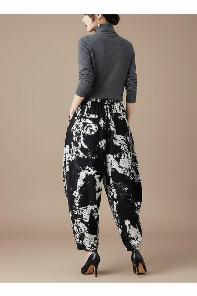 Pantalon Chinois Noir Blanc Imprimé Ample Harem Coton - vue 2