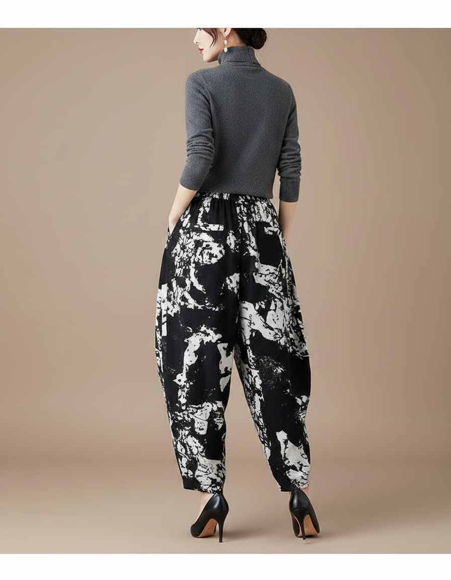 Pantalon Chinois Noir Blanc Imprimé Ample Harem Coton - vue 2