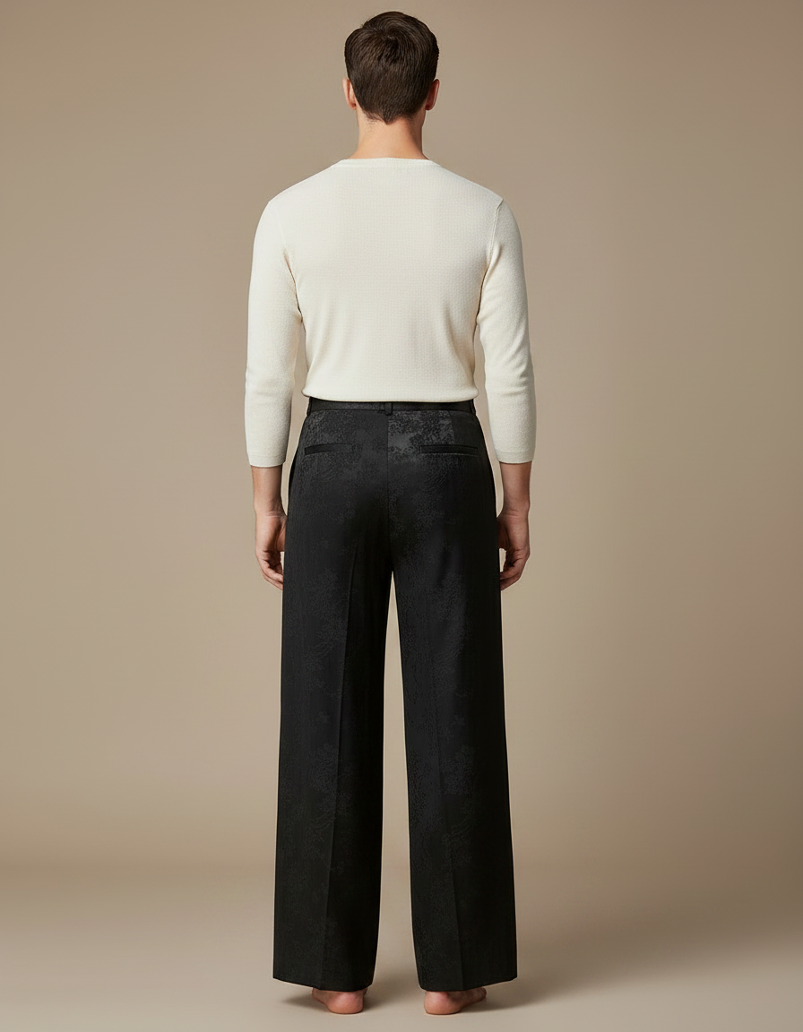 Pantalon Chinois Noir Brodé Ample Jacquard Ethnique - Soie - vue 2