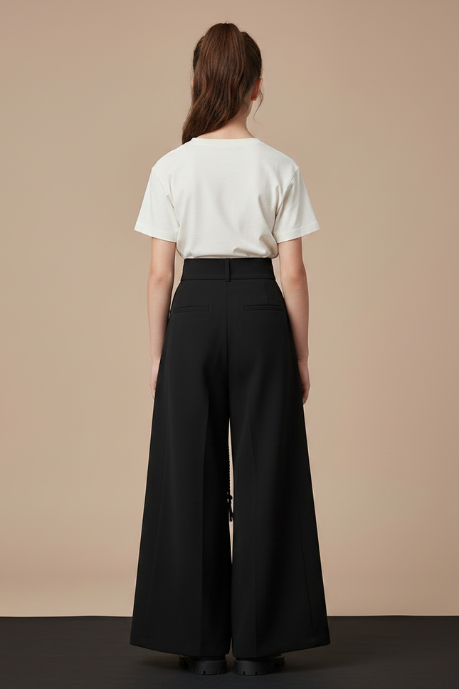 Pantalon Chinois Noir Ample Plissé Fille Moderne - Polyester - vue 2