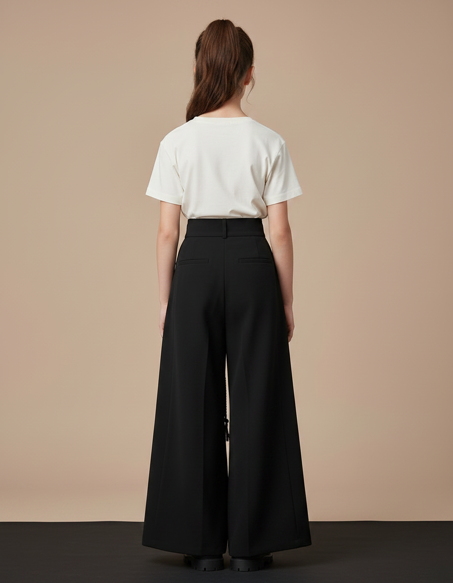 Pantalon Chinois Noir Ample Plissé Fille Moderne - Polyester - vue 2