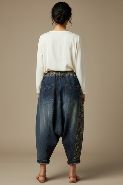 Pantalon Chinois Denim Patchwork Ample Décontracté Femme - Multicolore Jean - vue 2