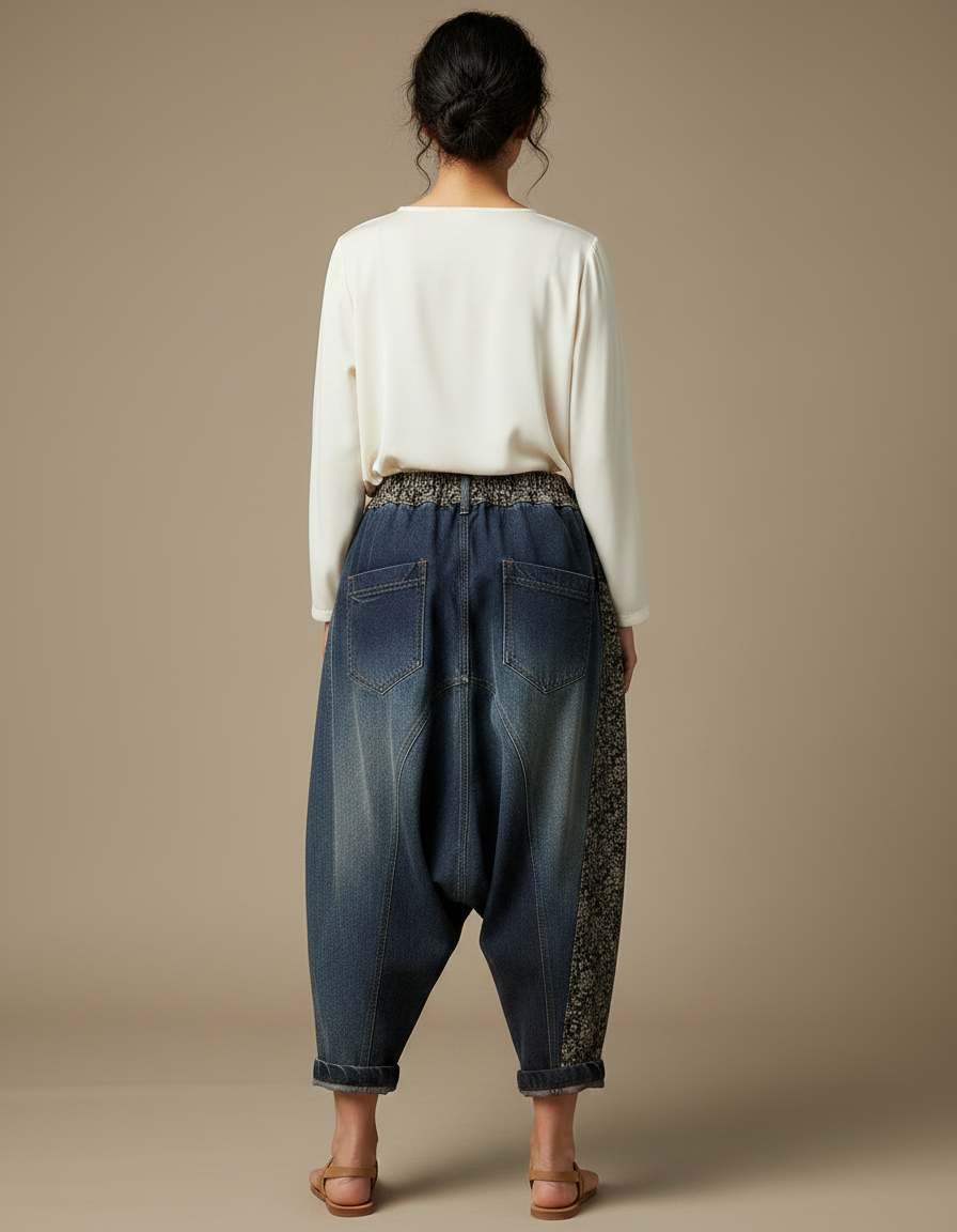 Pantalon Chinois Denim Patchwork Ample Décontracté Femme - Multicolore Jean - vue 2