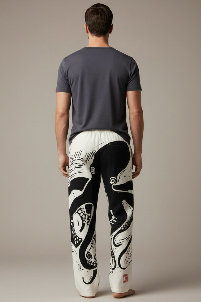 Pantalon Chinois Blanc Noir Ample Octopus Cordon - Imprimé Coton - vue 2